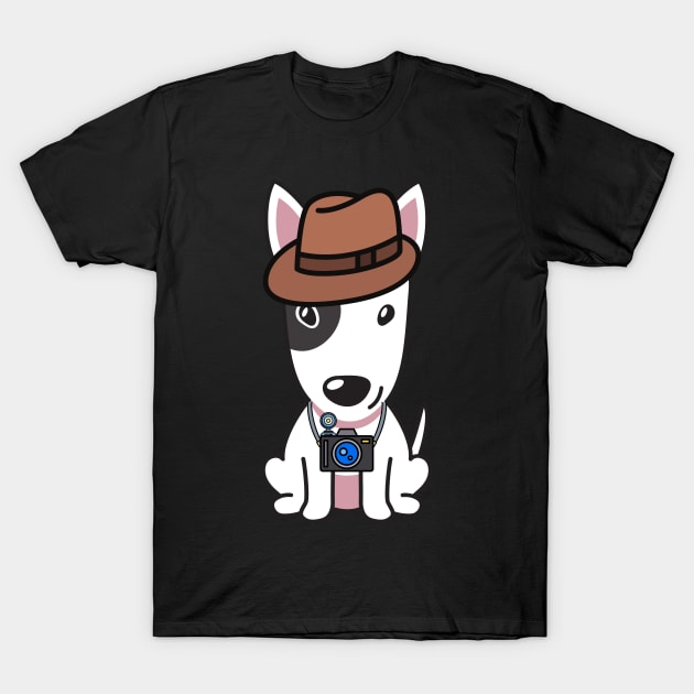 Funny Bull Terrier is holding a camera T-Shirt by Pet Station